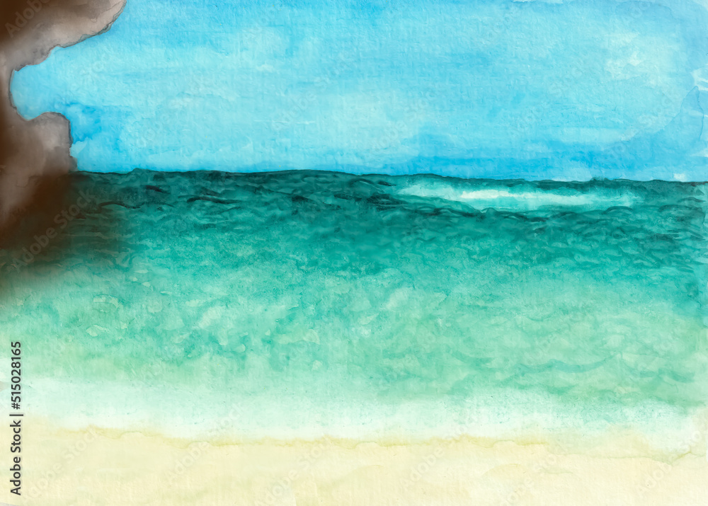 Turquoise water, empty beach, no people, summer vacation at the sea, watercolor illustration.