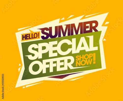 Hello summer, special offer, shop now, sale vector banner mockup