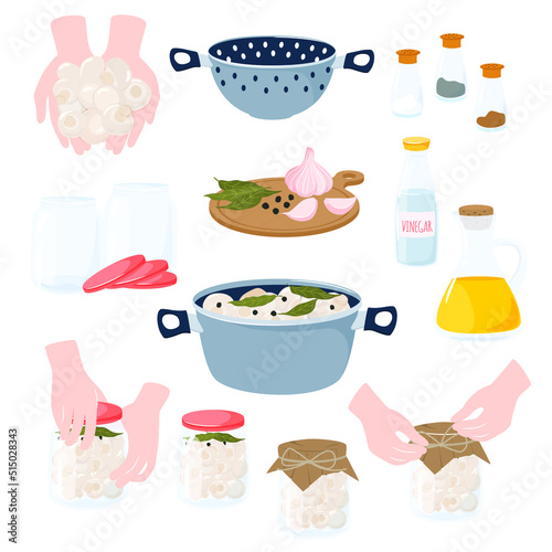 Homemade preserves of mushrooms champignons. Preparing and Preserving Food. Canned natural healthy products vector illustration.