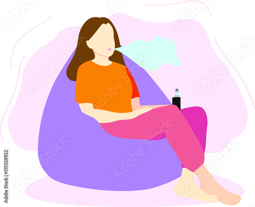 The girl is vaping while sitting in a bag chair. The vector illustration is highlighted on a white background.