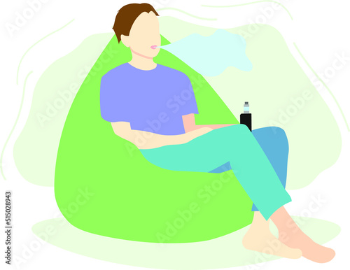 The guy is vaping sitting in a bag chair. The illustration is isolated on a white background.