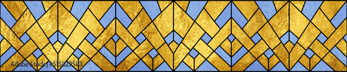 Stained glass window. Abstract stained-glass background. Art Deco geometric gold and blue decor for interior. Modern 3d pattern with optical illusions. Luxury modern interior. Transparency. 