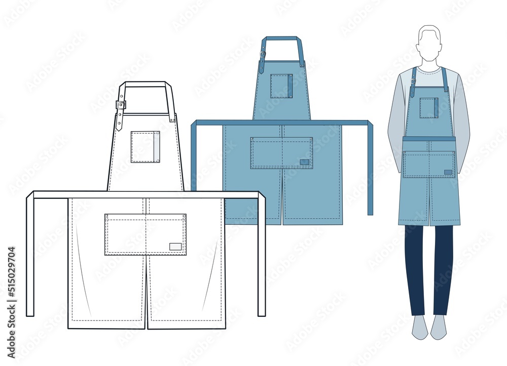Uniforms Design Apron fashion flat template. Unisex Apron fashion flat technical drawing template. Blue denim Apron fashion design concept. Kitchen protective Apron fashion design. Uniforms Design Apron fashion flat template. Unisex Apron fashion flat technical drawing template. Blue denim Apron fashion design concept. Kitchen protective Apron fashion design.