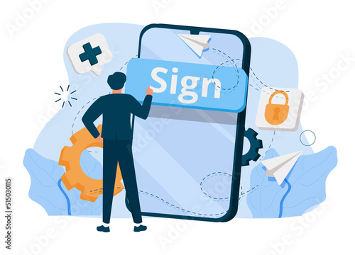 New User Online Registration and Sign Up Concept. Tiny Characters Signing Up on Huge Smartphone with Secure Password photo