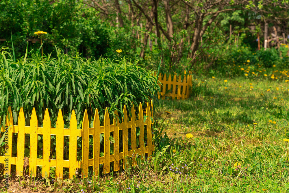 Yellow decorative fence for flower beds, flower beds.