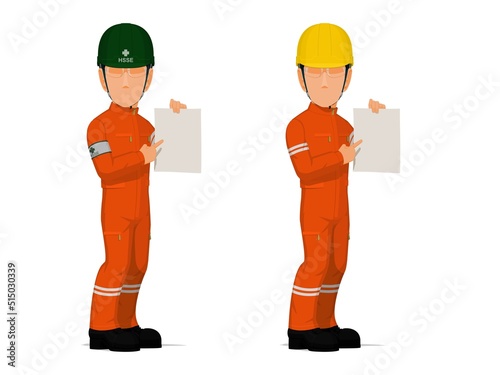 workers are pointing to the empty paper on white background photo