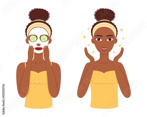 Young dark skinned  woman care her skin face. Facial treatment procedure. Vector illustration