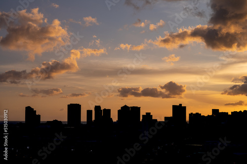 City Sunset with Silhouetted Buildings and Room for Text Above. © ttrimmer
