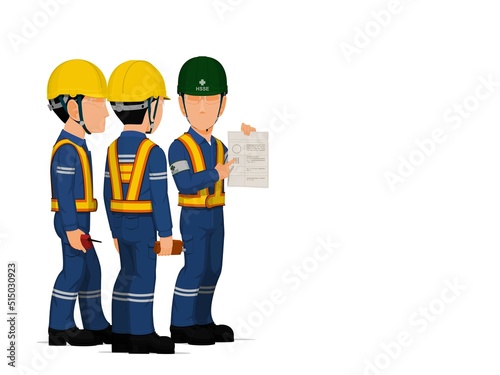 HSSE officer is instructing workers on white background