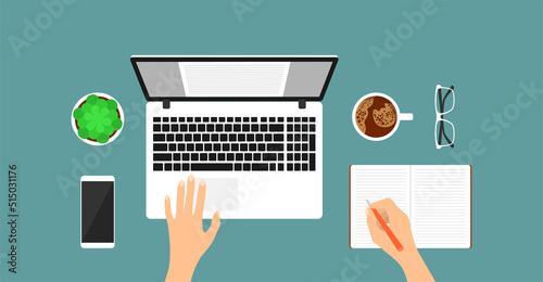 Top view of a neat workplace. A hand writing in a notebook, a laptop, a smartphone, glasses, a cup of coffee and a flower pot on a blue background. Flat vector illustration