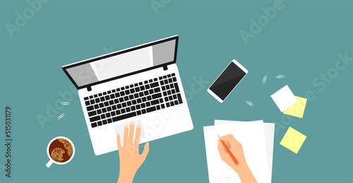 A hand writing on a piece of paper, a laptop, a smartphone, notes, a cup of coffee on a blue background. Top view of the workplace. Flat vector illustration
