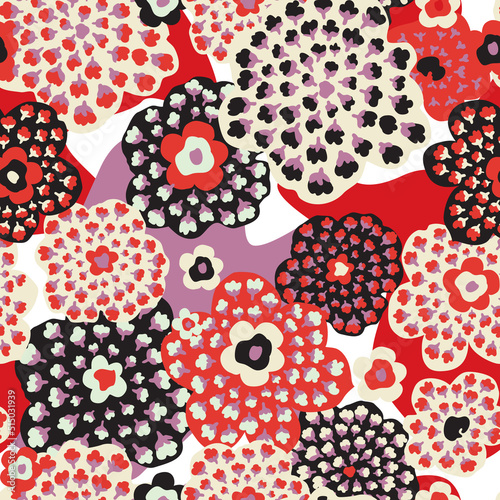 Abstract seamless floral pattern with flowers, dots, leaves. Chaotic flowing ...