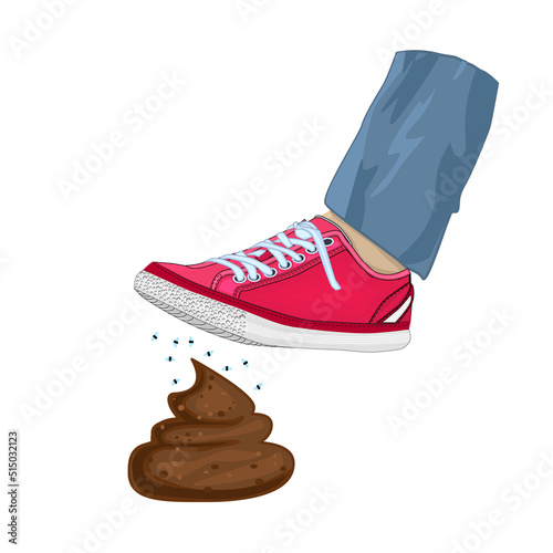 Man foot stepping into dog poop. People step on poo. Men foot with sneakers stepped on animal shit. Unpleasant surprise, unexpected problems, bad day or karma concept. Shit happens.Vector illustration