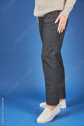 pant, trousers, blue background women's grey with small print.