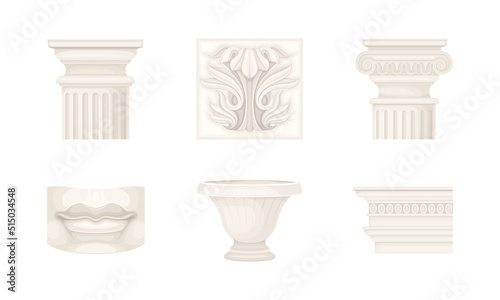 Classic antique decor element set. Carved stone decorations vector illustration