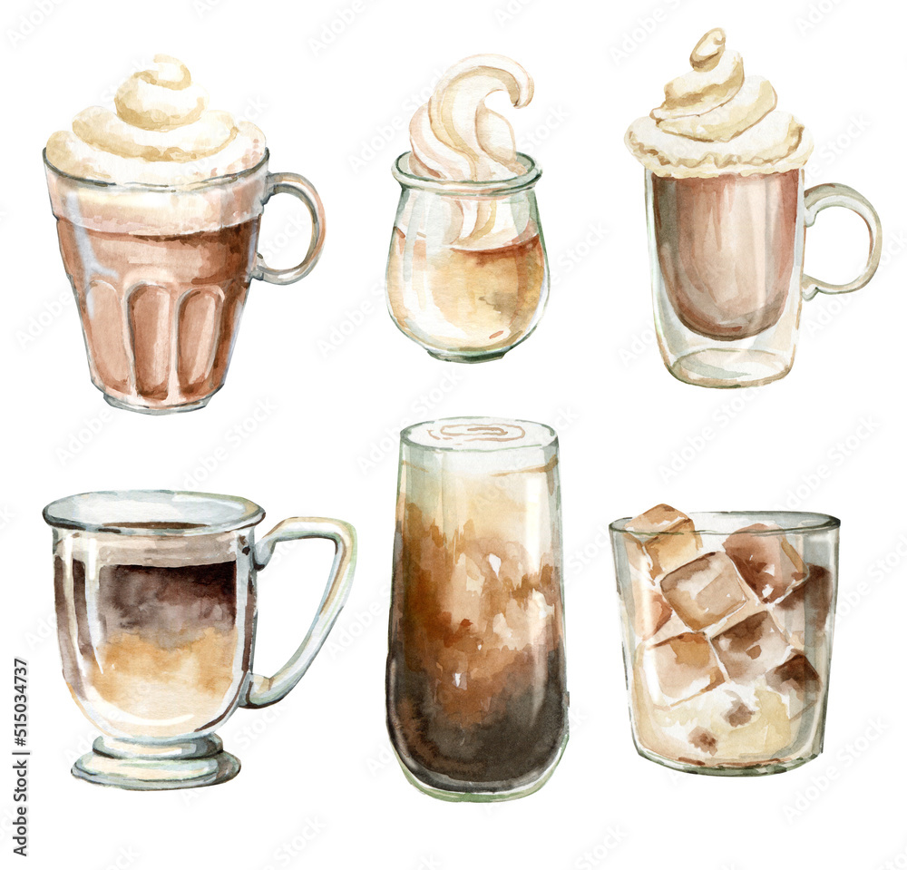 hand drawn watercolor coffee clipart. A cup of Americano, espresso ...