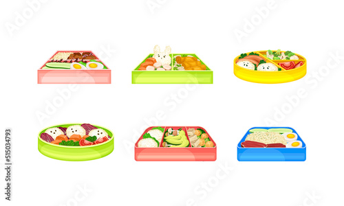 Meal trays with healthy food set. School lunch for students vector illustration