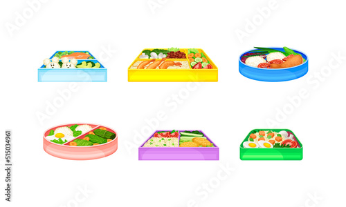 Meal trays with healthy nutritious food set vector illustration