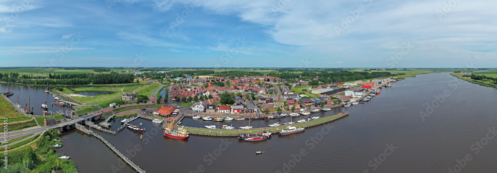 Aerial panorama from the traditional town Zoutkamp in the Netherlands