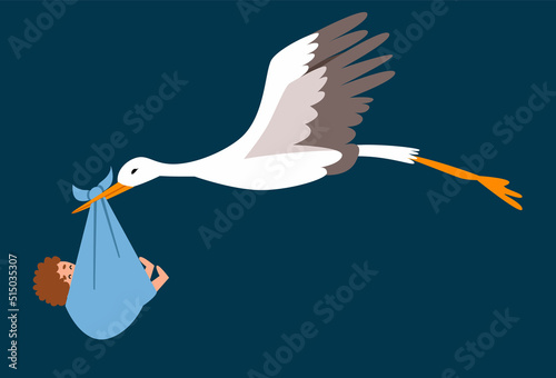 vector illustration of a stork in flight with a child in a flat style, isolated on a blue background