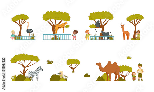 Cute kids visiting zoo set. Little children with their parents looking at monkey, leopard, ostrich, zebra, camel animals cartoon vector illustration