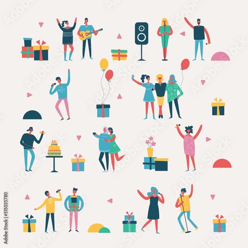 Vector background in a flat style of group of happy friends celebrating birthday party.