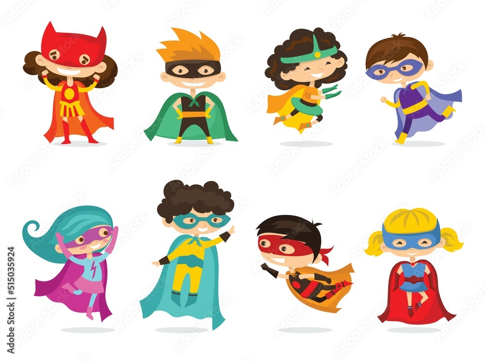 Cartoon vector illustration of Kid Superheroes wearing comics costumes