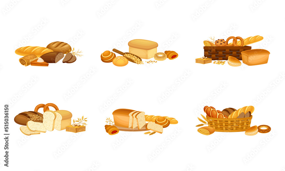 Bakery pastry products set. French baguette, rye bread, whole wheat loaf vector illustration