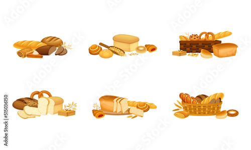 Bakery pastry products set. French baguette, rye bread, whole wheat loaf vector illustration
