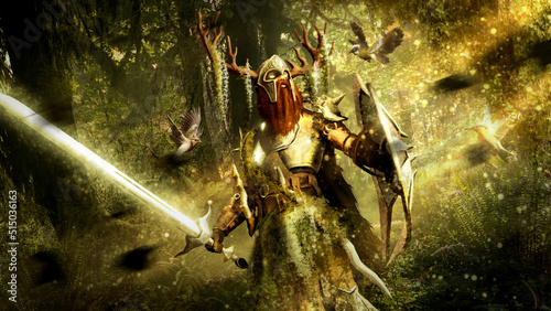 A forest warrior in close-up with a luminous sword in armor with magic stones stands in the sunlight among green plants and fabulous birds. A fantasy character in a helmet with horns and a shield.