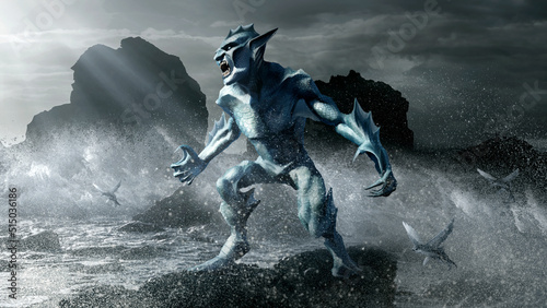 Fotografie, Obraz A sea goblin in full-length with sharp claws and fangs, with fins and scales stands on a small rock on the ocean shore with big waves and a dark sky behind his back