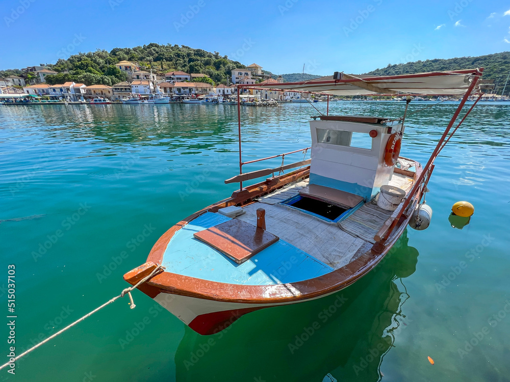 Small fishing boats anchored in the harbor in Greece on the Mediterranean Sea. Aetolia Acarnania Marina in Lefkata Patras Greece. Go Everywhere