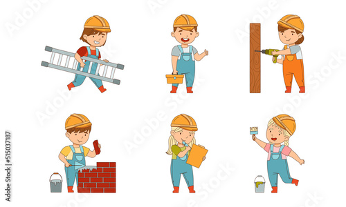 Cute kids builders set. Children wearing overalls and hard hats drilling, painting walls and laying bricks cartoon vector illustration