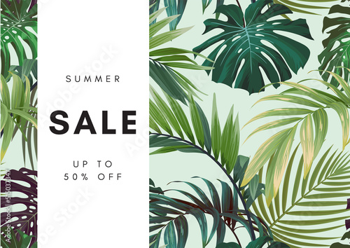 Hawaiian floral design with monstera palm leaves. Exotic tropical summer vector background.