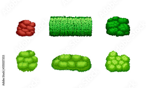Thick thickets of bushes of different shapes set. Shrubs for park, garden decor, green fence cartoon vector illustration