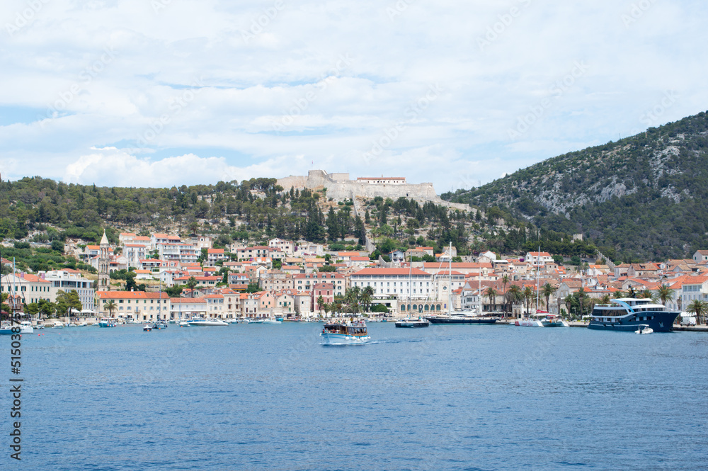 Old Adriatic island town Hvar, famous touristic destination, view from the sea