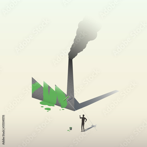 Greenwashing vector illustration, businessman paints industrial plant sign in green color with the use of roller, metaphor of imitation of green production policy by corporations