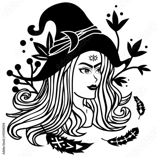 Floral Witches illustration, Witch Shirt, Flower Witchy Eps, Boho vector, Crescent Moon