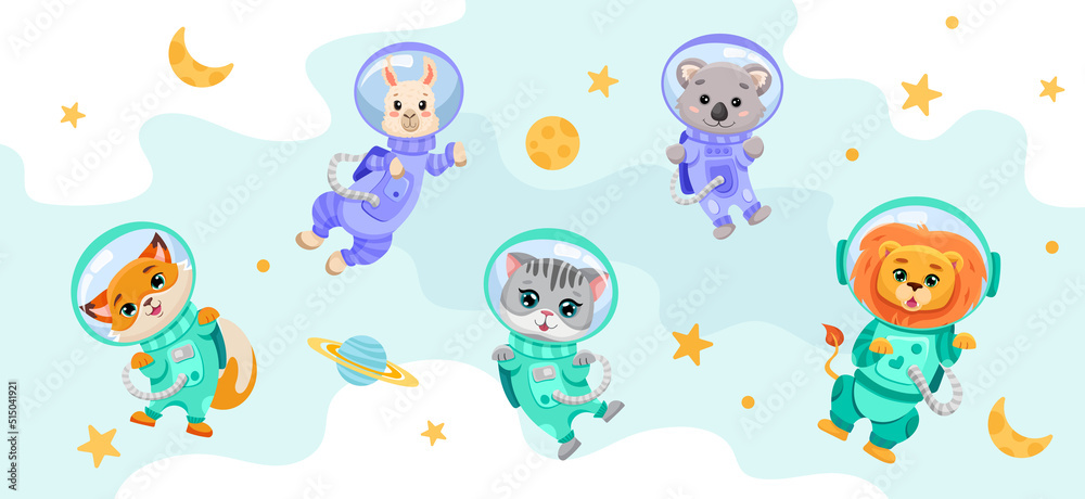 Naklejka premium Cute animals set in open space with planets, moon and stars. Astronauts in costumes for children banner, textile print, kids design. Hand drawn vector cartoon illustration