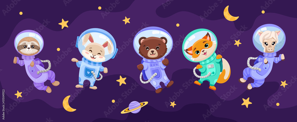 Cute animals set in open space with planets, moon and stars. Astronauts ...