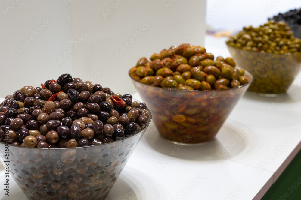 Fresh Green, Brown and Black, Italian Seasoned  Olive inside Bowls