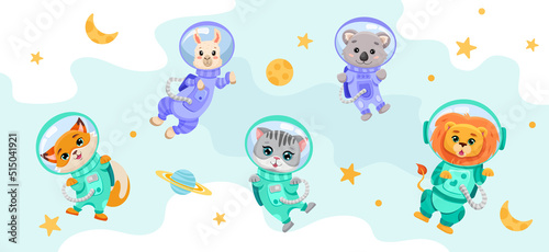 Cute animals set in open space with planets, moon and stars. Astronauts in costumes for children banner, textile print, kids design. Hand drawn vector cartoon illustration