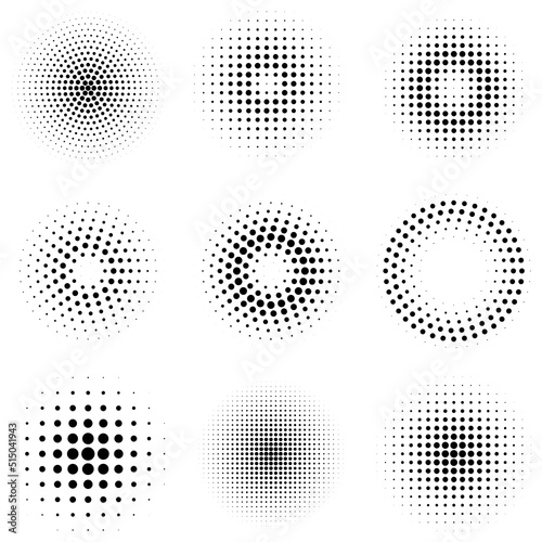 Halftone circle dots sphere. Logo emblem design element vector illustration.