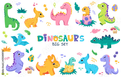 Big Set of cute baby dinosaurs. Hand drawn brontosaurus, tyrannosaurus, and triceratops for birthday greeting cards, baby shower invitations, posters. Vector cartoon colorful illustration © Foxelle