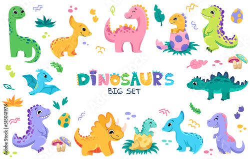 Big Set of cute baby dinosaurs. Hand drawn brontosaurus, tyrannosaurus, and triceratops for birthday greeting cards, baby shower invitations, posters. Vector cartoon colorful illustration