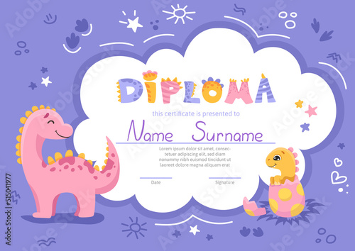 Colorful school and preschool diploma certificate for kids and children in kindergarten or primary grades with cute dinosaurs. Vector cartoon illustration