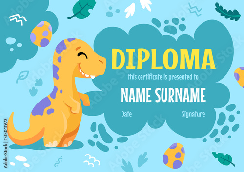 Colorful school and preschool diploma certificate for kids and children in kindergarten or primary grades with cute dinosaurs. Vector cartoon illustration