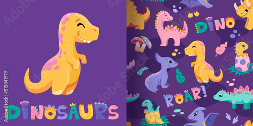 Seamless pattern with cute dinosaurs for fabric textile design. Hand drawn illustration for wallpaper print texture. Vector cartoon illustration