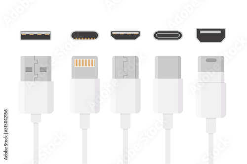 Creative vector illustration of cellphone usb charging plugs cable isolated on transparent background. Art design smart phone universal recharger accessories. Type-c interfaces, connect ports element