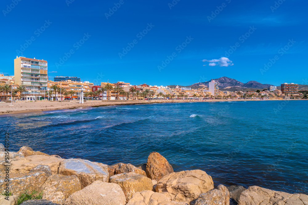 El Campello beach Alicante Spain with mountains in summer near Benidorm Costa Blanca